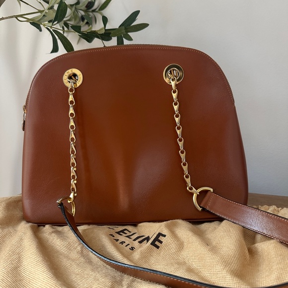 AUTH Celine Brown Leather Shoulder Bag Dome Gold Chain with Dustbag - Picture 1 of 16